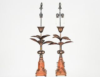 PAIR OF PAINTED METAL AND WOOD LAMPS