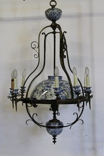 A Large Antique Patinated Metal & Delft Porcelain