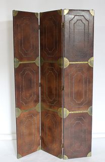 Vintage Brass Mounted Leather 3 Panel Screen.