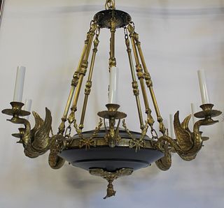 Empire Style Patinated & Gilt Bronze Chandelier.