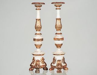 PAIR OF BAROQUE PARCEL GILT AND PAINTED WOOD CANDLESTICKS