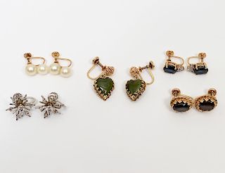 FIVE PAIRS OF GOLD AND VARIOUS STONE EARRINGS