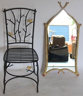 Signed Mirror Together With An Iron Chair.