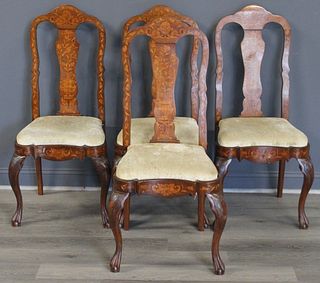 4 Antique Dutch Marquetry Inlaid High Back Chairs