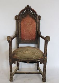 Gothic Patinated & Carved High Back Chair.