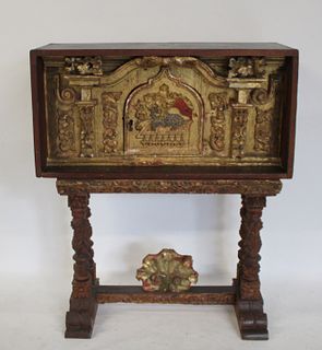Antique Continental Carved, Paint & Gilt Decorated