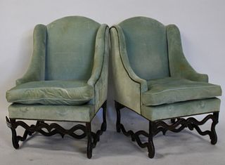 18/19 Century Pair Of Upholstered Wing Arm Chairs