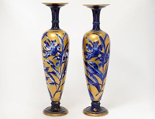 PAIR OF BLUE AND GOLD PORCELAIN VASES