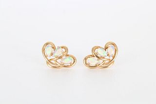 14K Gold & Tri-Stone Opal Earrings