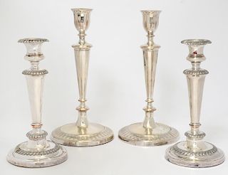 TWO PAIR OF SILVER PLATED CANDLESTICKS