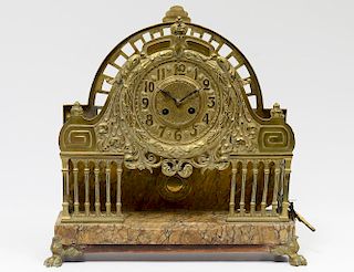 UNUSUAL BRASS AND MARBLE MANTEL CLOCK