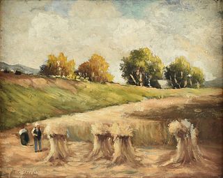 THEODORE CLEMENT STEELE (American 1847-1926) A PAINTING, "Figures by the Haystacks,"