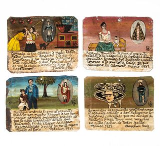 Lote de 4 exvotos. México, 1920, 1933 y 1939. Óleos sobre lámina. Dedicados a san Pascual Bailón, san Pancracio, otro. 18.5 x 23.5 cm