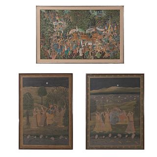 Lote de 3 obras pictóricas. Acrílico sobre tela y técnica mixta sobre tela. Temática hindú. 175 x 122 cm (mayor)