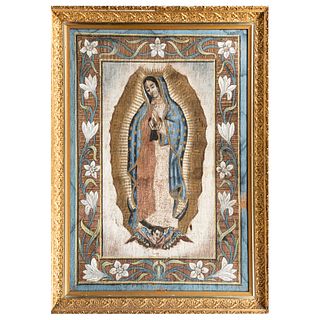 ANÓNIMO. Virgen de Guadalupe. Óleo sobre yute. 106 x 72 cm. Enmarcada.