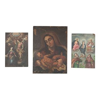 CARLOS MURILLO. Anunciación , Alegoría de la Inmaculada Concepción y Virgen con el niño. Sin firma Óleo sobre lámina. Piezas: 3