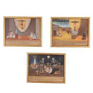 Lote de 3 exvotos. México, 1927, 1939 y 1961. Óleos sobre láminas. 2 dedicados al Señor de los Rayos y otro a la Virgen de Zapopan.