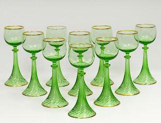 SET OF TEN GREEN GLASS ROEMERS