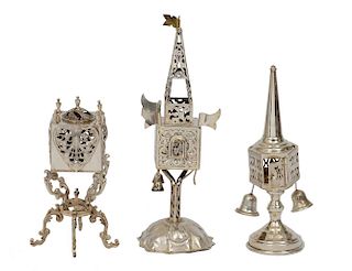 GROUP OF THREE JUDAICA SILVER SPICE TOWERS