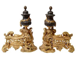 PAIR OF EMPIRE STYLE GILT AND PATINATED BRONZE CHENETS