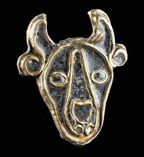 5th C. Merovingian Iron Bull Brooch w/ Enamel & Gold