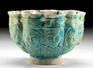 12th C. Persian Seljuk Pottery Bowl w/ Faces, TL Tested