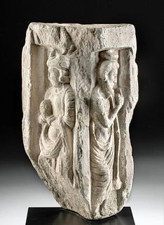 Gandharan Schist Relief Corner Fragment w/ 2 Buddhas