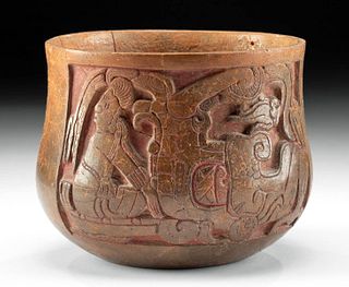 Fine Maya Campeche Pottery Jar w/ Carvings & Cinnabar