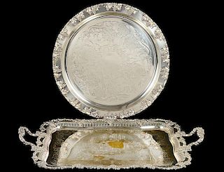 TWO VICTORIAN STYLE SILVER PLATED SERVING TRAYS