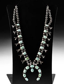 20th C. Navajo Silver & Turquoise Squash Necklace
