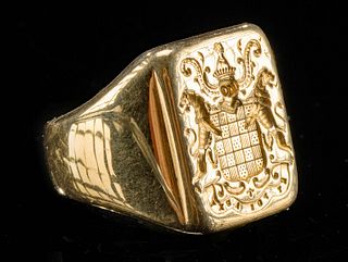 19th C. French Gold Signet Ring Auxy Family Crest Motto