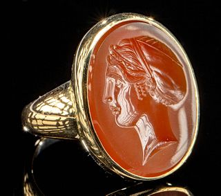 Neoclassical Gold & Carnelian Intaglio Ring - Goddess