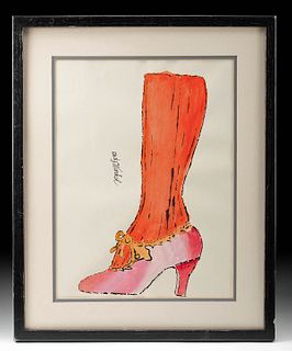 Signed Warhol Watercolor "Shoe (Red Stocking)" ca. 1955