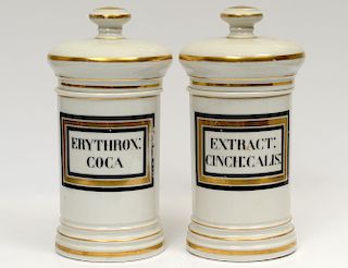 PAIR OF CERAMIC APOTHECARY JARS AND COVERS