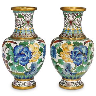 (2 Pc) Chinese Small White Cloisonne Vases