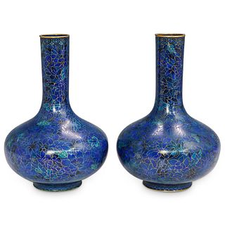 (2 Pc) Chinese Cloisonne Cobalt Blue Vases