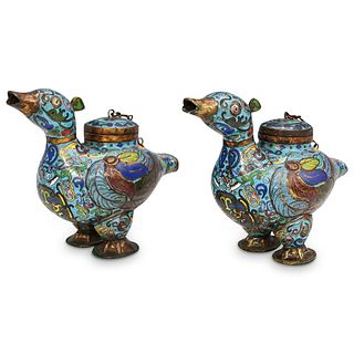 (2 Pc) Antique Chinese Cloisonne Duck Censers