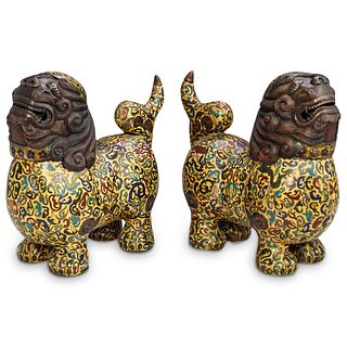 (2 Pc) Chinese Cloisonne Enamel Foo Dogs Censers