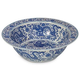 Large Chinese White & Blue Dragon Porcelain Bowl