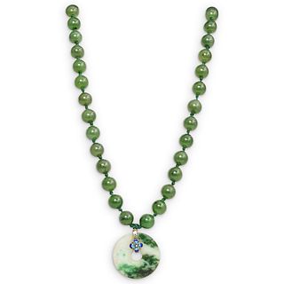 Chinese Green Jade & Silver Beaded Necklace