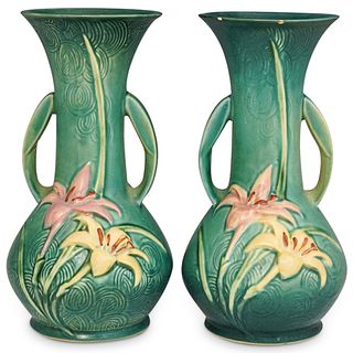 (2 Pc) Pair of Roseville Zephyr Lily Evergreen Vases