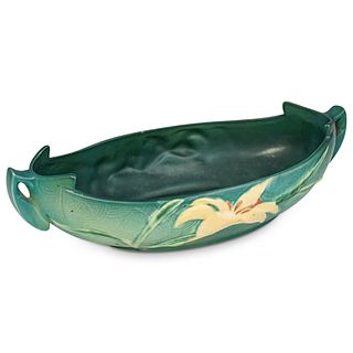 Roseville Freesia Green Pottery Handled Basket