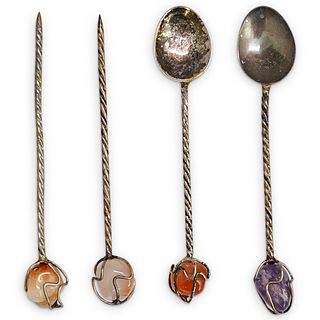 (6 Pc) Silver & Gemstone Demitasse Spoons Set