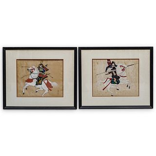 (2 Pc) Japanese Samurai Paintings On Silk