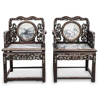 (2 Pc) Chinese Marble Splat & Seat Armchairs