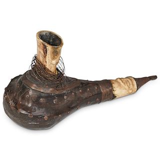 African Hand Carved Wood & Bone Figural Pipe
