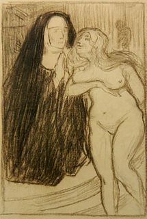 Important Albert Sterner charcoal sketch, Symbolist, 'Nun and Nude'