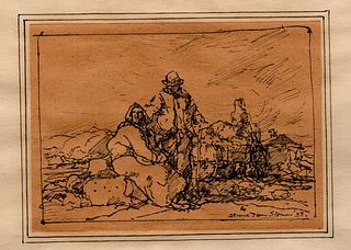 Frank Van Sloun, original pen and ink drawing, 'Landscape with People'