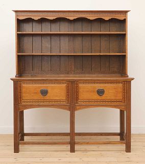 An Arts and Crafts oak and chequer inlaid dresser,
