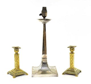 An Arts and Crafts silver-plated table lamp base,